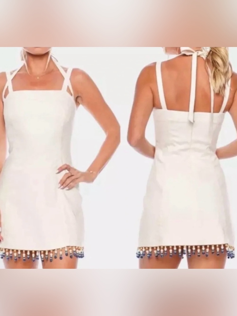 House of Harlow 1960 White Linen Blend Mini Dress with Beaded Fringe - Size M